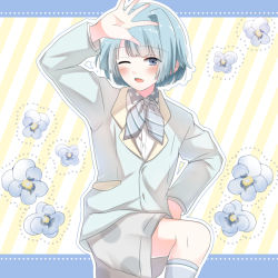 Rule 34 | 1boy, ;o, blue eyes, blue hair, blush, ensemble stars!, flower, hand on own hip, hand up, looking at viewer, male focus, one eye closed, pansy, shino hajime, shiratoriko, shorts, simple background, standing, standing on one leg, striped, striped background