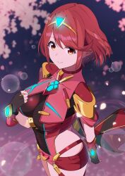 absurdres black_gloves breasts cherry_blossoms chest_jewel core_crystal_(xenoblade) cowboy_shot fingerless_gloves gloves highres large_breasts petals purple_background pyra_(xenoblade) red_eyes red_hair red_shorts revealing_clothes short_hair shorts tiara tsumugi_1210 xenoblade_chronicles_(series) xenoblade_chronicles_2