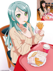 1girl aqua_hair bang_dream! brown_sweater chair commentary cup disposable_cup english_commentary food food_in_mouth french_fries fries_vanquisher green_eyes highres hikawa_sayo kudou_haruka_(voice_actor) long_hair long_sleeves lotteria photo-referenced reddit_username reference_inset sidelocks simple_background sitting sweater voice_actor_connection white_background