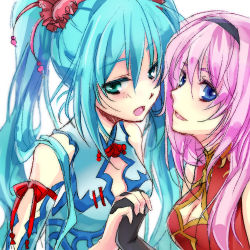 Rule 34 | 2girls, aqua hair, blue eyes, china dress, chinese clothes, dress, gloves, green eyes, holding hands, hatsune miku, long hair, lowres, megurine luka, multiple girls, open mouth, pink hair, project diva (series), project diva f, tetoripeco, twintails, vocaloid, world&#039;s end dancehall (vocaloid)