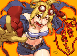 Rule 34 | 1girl, azusa (hws), bare shoulders, belt, blonde hair, breasts, cleavage, denim, denim shorts, fang, foreshortening, gloves, goggles, jacket, large breasts, laughing, long hair, midriff, morlin, navel, one eye closed, ponytail, red eyes, short shorts, shorts, sidelocks, skull, smile, solo, strapless, summon night, summon night 2, translated, tube top, wink