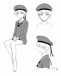 Rule 34 | 10s, 1girl, barefoot, beret, blush, character name, closed mouth, dress, greyscale, hat, head tilt, kantai collection, kawashina (momen silicon), looking at viewer, monochrome, multiple views, own hands together, profile, sailor dress, sailor hat, short hair, sitting, smile, v arms, z1 leberecht maass (kancolle)