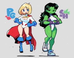 Rule 34 | 2girls, :d, absurdres, ankle boots, boots, breasts, cleavage cutout, clothing cutout, colored skin, crossover, dc comics, fingerless gloves, full body, gloves, green hair, green skin, hands on own hips, highleg, highleg leotard, highres, hulk, initial, jennifer walters, leotard, long hair, looking at viewer, marvel, medium breasts, multiple girls, open mouth, power girl, rariatto (ganguri), she-hulk, shiny skin, shoes, short hair, simple background, smile, sneakers, standing, superhero costume, superman (series), thighs