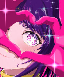 Rule 34 | 1girl, blush, close-up, closed mouth, commentary, eye focus, gloves, heart, heart hands, highres, hoshino ai (oshi no ko), looking at viewer, oshi no ko, pink gloves, purple eyes, purple hair, sidelocks, signature, smile, solo, sparkle, star-shaped pupils, star (symbol), sweat, swept bangs, symbol-shaped pupils, tn41, turtleneck