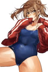 Rule 34 | 1girl, bad id, bad twitter id, blue one-piece swimsuit, blush, brown eyes, collared jacket, commentary request, competition school swimsuit, covered navel, covering own mouth, cowboy shot, double bun, hair between eyes, hair bun, hand over own mouth, hand to own mouth, head tilt, highres, inusaka, jacket, kantai collection, light brown hair, looking at viewer, michishio (kancolle), one-piece swimsuit, red jacket, school swimsuit, short twintails, simple background, sleeves past fingers, sleeves past wrists, solo, spread legs, swimsuit, swimsuit under clothes, thighs, track jacket, twintails, v-shaped eyebrows, white background