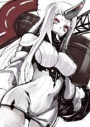 Rule 34 | 10s, 1girl, abyssal ship, atoshi, bad id, bad pixiv id, breasts, colored skin, covered navel, cowboy shot, detached sleeves, dress, dutch angle, groin, horns, kantai collection, large breasts, long hair, machinery, red eyes, ribbed dress, seaport princess, short dress, single horn, sketch, solo, white hair, white skin