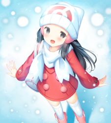 Rule 34 | 1girl, bad id, bad pixiv id, bag, beanie, black hair, blush, boots, coat, commentary request, creatures (company), dawn (pokemon), duffel bag, eyelashes, from above, game freak, grey eyes, hair ornament, hairclip, hat, kamowasa, long hair, long sleeves, looking at viewer, looking up, nintendo, open mouth, pink footwear, pokemon, pokemon dppt, pokemon platinum, red coat, scarf, smile, solo, thighhighs, tongue, white bag, white hat, white scarf, white thighhighs