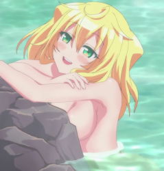 Rule 34 | 10s, 1girl, bathing, blonde hair, blush, breasts, convenient censoring, eyelashes, female focus, green eyes, hacka doll, hacka doll 1, highres, large breasts, long hair, nude, onsen, rock, screencap, solo, water