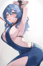 Rule 34 | 1girl, ako (blue archive), ako (dress) (blue archive), armpits, arms up, blue archive, blue dress, blue eyes, blue hair, breasts, collar, commentary request, cowboy shot, dress, grey background, highres, large breasts, leash, long hair, looking at viewer, official alternate costume, parted lips, red collar, simple background, solo, soraneko (purin kudasai), sweatdrop
