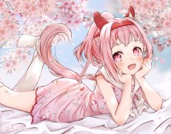 Rule 34 | 1girl, animal ears, bed sheet, blue sky, blush, bow, breasts, character name, cherry blossoms, commentary request, dress, eyebrows, flower-shaped pupils, hair bow, hairband, haru urara (umamusume), hello kitty, hello kitty (character), highres, horse ears, horse girl, horse tail, leg up, long hair, looking at viewer, lying, medium breasts, neckerchief, on stomach, open mouth, petals, pink dress, pink eyes, pink hair, ponytail, print dress, sanrio, sky, smile, socks, solo, symbol-shaped pupils, tail, tanuki maisnam, umamusume, white neckerchief, white socks