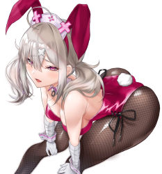 Rule 34 | 1girl, animal ears, ass, bandages, black pantyhose, detached collar, fake animal ears, fang, feet out of frame, gloves, hair ornament, hands on own knees, hat, leotard, long hair, mole, mole under eye, nijisanji, nurse cap, pantyhose, pink eyes, playboy bunny, rabbit ears, rabbit girl, rabbit tail, red leotard, silver hair, simple background, sitting, skin fang, skysign ft, solo, strapless, strapless leotard, sukoya kana, tail, twintails, virtual youtuber, white background, white gloves, wrist cuffs, x hair ornament