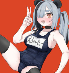 Rule 34 | 1girl, :d, animal ears, arknights, ass, bare shoulders, bear ears, black hair, black thighhighs, blue one-piece swimsuit, breasts, choker, fang, feater (arknights), grey hair, hair over one eye, highres, long hair, looking at viewer, matangom, multicolored hair, one-piece swimsuit, open mouth, orange eyes, red background, school swimsuit, simple background, smile, solo, spread legs, sweat, swimsuit, thighhighs, twintails, two-tone hair, v