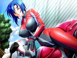 Rule 34 | 1girl, bishop (company), blue hair, blurry, bodysuit, breasts, closed eyes, cloud, covered erect nipples, cowboy shot, day, depth of field, dutch angle, from side, game cg, gloves, hair over one eye, unworn headwear, helmet, unworn helmet, holding, huge breasts, jpeg artifacts, kagami hirotaka, kazama naomi, large breasts, light rays, mesu kyoushi 2, motor vehicle, motorcycle, motorcycle helmet, motorcycle suit, open mouth, outdoors, parted bangs, shiny clothes, short hair, sky, solo, sparkle, straddling, striped, sunbeam, sunlight, tree, turtleneck, vehicle, wide hips
