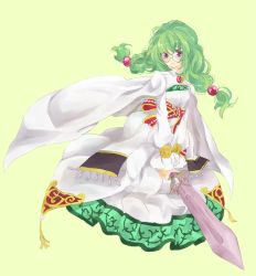 Rule 34 | 1girl, braid, brooch, cape, dress, full body, glasses, green hair, hair ornament, hairpin, jewelry, kneeling, long hair, philia felice, purple eyes, ribbon, round eyewear, sanae (mfn00), simple background, smile, solo, sword, tales of (series), tales of destiny, twin braids, twintails, weapon, white dress, wing brooch, yellow background
