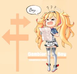 Rule 34 | absurdres, belt, blonde hair, blue eyes, blue shirt, breast pocket, breasts, buttons, collared shirt, commentary, crying, crying with eyes open, dltkdwls369, gambier bay (kancolle), gloves, hair between eyes, hairband, highres, kantai collection, large breasts, map (object), multicolored clothes, multicolored gloves, orange background, pocket, rudder footwear, shirt, short sleeves, shorts, simple background, solo, speech bubble, tearing up, tears, thighhighs, title, twintails, white thighhighs