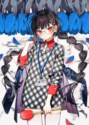 Rule 34 | 1girl, absurdres, ahoge, asymmetrical hair, asymmetrical sidelocks, black hair, blue flower, blue jacket, blue tulip, blunt bangs, braid, checkered clothes, checkered dress, cropped legs, dress, flower, glasses, hachihito, highres, holding, holding flower, id card, jacket, long hair, looking at viewer, low twin braids, original, red eyes, red flower, red tulip, sidelocks, skindentation, thighhighs, tulip, twin braids, very long hair, white thighhighs