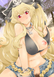 Rule 34 | 1girl, absurdres, anne bonny (fate), anne bonny (fate/grand order), anne bonny (swimsuit archer) (fate), bare shoulders, bikini, bikini pull, bikini top only, black bikini, blonde hair, blush, bracelet, breasts, clothes pull, collar, denim, denim shorts, fate/grand order, fate (series), female pubic hair, hair between eyes, hair ribbon, hat, highres, jewelry, large breasts, licking lips, long hair, looking at viewer, metal collar, navel, necklace, nipples, one breast out, outdoors, palm tree, pirate hat, pubic hair, red eyes, ribbon, shorts, sidelocks, skull and crossbones, skull necklace, smile, solo, swimsuit, tahira ureka, thighs, tongue, tongue out, tree, twintails, very long hair, wavy hair