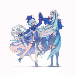 Rule 34 | 1boy, 1girl, ahoge, ascot, asymmetrical gloves, black footwear, black gloves, blue brooch, blue hair, blue headwear, closed mouth, dancing, full body, furina (genshin impact), genshin impact, gloves, hair between eyes, hat, highres, holding, holding hands, holding sword, holding weapon, light blue hair, long hair, looking at another, mismatched gloves, multicolored hair, neuvillette (genshin impact), shadow, simple background, smile, standing, streaked hair, sword, top hat, two-tone hair, velkia, weapon, white background, white hair