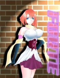 Rule 34 | 00s, 1girl, bare shoulders, blue eyes, breasts, character name, elbow gloves, forte stollen, galaxy angel, gloves, hand on own hip, large breasts, looking at viewer, miniskirt, monocle, no bra, orange hair, red hair, scarf, shadow, short hair, skirt, solo, tagme