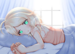 Rule 34 | 1girl, 1other, ahoge, babydoll, bed, blonde hair, curtains, green eyes, highres, holding hands, hosizora mikoto, idolmaster, idolmaster cinderella girls, jewelry, long hair, looking at viewer, lying, on stomach, open mouth, pillow, ring, strap slip, wedding band, window, yusa kozue