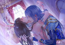 Rule 34 | 1boy, 1girl, absurdres, animal ears, arm around neck, blue hair, breast press, brown hair, couple, curtains, douluo dalu, hand in another&#039;s hair, highres, hug, indoors, lan yin cao bianzhi de jiezhi, long hair, on bed, open mouth, parted lips, rabbit ears, upper body, watermark, window, xiao wu (douluo dalu)