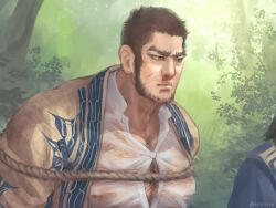 Rule 34 | 1boy, ainu clothes, bara, bare pectorals, beard, black hair, blood, bound, bound arms, bound torso, bursting pectorals, buzz cut, chest hair, covering own mouth, facial hair, frown, golden kamuy, hairy, large pectorals, male focus, mature male, muscular, muscular male, nopinzo, nosebleed, official alternate costume, open clothes, pectoral squeeze, pectorals, rope, see-through, shirt, short hair, sideburns, solo focus, tanigaki genjirou, thick eyebrows, upper body, very short hair, wet, wet clothes, wet shirt