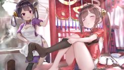 Rule 34 | 2girls, :d, :o, adjusting clothes, adjusting legwear, ahoge, apron, ass, azur lane, barefoot, black hair, black legwear, blurry, blush, breasts, brown hair, china dress, chinese clothes, cleavage, cleavage cutout, closed eyes, clothing cutout, commentary request, contrapposto, depth of field, dress, feet, feet out of frame, hair ornament, hair rings, hairband, highres, holding, indoors, kachayori, kitchen, knees up, ladle, long hair, looking at viewer, medium breasts, multiple girls, ning hai (azur lane), open mouth, panties, panty peek, parted lips, pillow, ping hai (azur lane), pot, purple eyes, single thighhigh, sitting, sleepy, smile, standing, steam, stuffed animal, stuffed panda, stuffed toy, thighhighs, twintails, underwear, v-shaped eyebrows, white panties