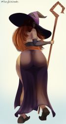 Rule 34 | 1girl, absurdres, ass, ass focus, back, bare shoulders, black dress, blue background, breasts, brown eyes, brown hair, detached sleeves, dragon&#039;s crown, dress, female focus, from behind, full body, gradient background, hat, highres, holding, holding weapon, huge ass, large breasts, long hair, long sleeves, looking at viewer, looking back, matching hair/eyes, shiny clothes, slimybuttcheeks, solo, sorceress (dragon&#039;s crown), staff, standing, weapon, witch hat, yellow background