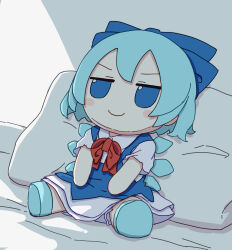 Rule 34 | 1girl, absurdres, bed sheet, blue bow, blue dress, blue eyes, blue footwear, blue hair, blush stickers, bow, cirno, closed mouth, collared shirt, dress, fairy, fumo (doll), hair bow, highres, ice, ice wings, kame (kamepan44231), pillow, pinafore dress, shirt, shoes, short hair, short sleeves, sleeveless, sleeveless dress, smile, solo, touhou, white shirt, wings