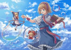 Rule 34 | 1girl, :d, alice margatroid, apron, arms up, bad id, bad pixiv id, black pantyhose, blonde hair, blue dress, blue eyes, blue sky, book, bow, bowtie, capelet, cloud, commentary, cropped legs, day, dress, english commentary, feet out of frame, flying, grimoire, hair bow, hairband, highres, holding, holding book, in bubble, lolita hairband, long hair, looking down, looking to the side, neck ribbon, ookashippo, open book, open mouth, outdoors, outstretched arms, pantyhose, petticoat, red neckwear, ribbon, sash, shanghai doll, short hair, sky, smile, soap bubbles, solo, spread arms, standing, teeth, touhou, upper teeth only, waist apron, white capelet, white pantyhose, wrist cuffs