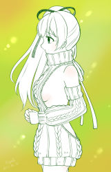 Rule 34 | 1girl, aran sweater, ass, backless dress, backless outfit, bare back, bare shoulders, breasts, cable knit, cowboy shot, detached sleeves, dress, euphie (holicy), from side, hair ribbon, halterneck, highres, long hair, medium breasts, meme attire, naked sweater, parted lips, profile, ribbed sweater, ribbon, shironeko project, side ponytail, sideboob, solo, sophie (shironeko project), sweater, sweater dress, turtleneck, turtleneck sweater, virgin killer sweater