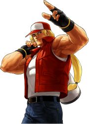 Rule 34 | 1boy, bag, belt, blonde hair, blue eyes, denim, duffel bag, fatal fury, fingerless gloves, gloves, jeans, long hair, male focus, muscular, official art, ogura eisuke, pants, ponytail, sleeveless, snk, solo, terry bogard, the king of fighters, the king of fighters xii, transparent background, vest