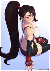 Rule 34 | 1girl, artist name, ass, back, bare shoulders, belt, black hair, black skirt, black sleeves, black thighhighs, blue background, body freckles, border, breasts, brown belt, butt crack, cleavage, commentary, cropped shirt, detached sleeves, earrings, english commentary, final fantasy, final fantasy vii, fingerless gloves, fingernails, freckles, gloves, gradient background, jewelry, kajin (kajinman), large breasts, light blush, lips, long fingernails, long hair, looking at viewer, looking back, median furrow, miniskirt, mole, mole on breast, mole on neck, mole on thigh, nail polish, outside border, parted lips, patreon username, pencil skirt, pink nails, ponytail, red eyes, red gloves, simple background, sitting, skindentation, skirt, solo, suspender skirt, suspenders, sweat, swept bangs, tank top, teardrop earring, thick thighs, thighhighs, thighs, tifa lockhart, very long hair, white border, white tank top