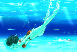 Rule 34 | 1girl, barefoot, bikini, brown eyes, brown hair, bubble, crab, diving, diving mask, female focus, fish, freediving, full body, goggles, kicking, konpasu, meiko (vocaloid), motion blur, orca, short hair, smile, solo, sunlight, swimming, swimsuit, underwater, vocaloid