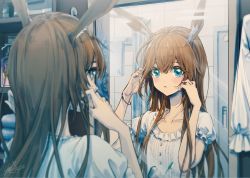 Rule 34 | 1girl, amiya (arknights), animal ear fluff, animal ears, arknights, blue eyes, brown hair, commentary, frills, hands up, highres, indoors, long hair, looking at mirror, mirror, parted lips, puffy short sleeves, puffy sleeves, rabbit ears, reflection, shantianajiang, shirt, short sleeves, signature, solo, toothbrush, upper body, white shirt