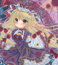 Rule 34 | 1girl, blonde hair, bow, bowtie, breasts, brooch, cleavage, closed mouth, cowboy shot, detached sleeves, flower, frilled shirt collar, frilled skirt, frilled sleeves, frilled umbrella, frills, gap (touhou), green brooch, hair between eyes, head tilt, holding, holding umbrella, jewelry, long hair, looking at viewer, marker (medium), neck ribbon, petals, pink umbrella, purple brooch, purple eyes, purple shirt, purple skirt, red bow, red bowtie, red flower, red ribbon, red rose, ribbon, rose, rose petals, rui (sugar3), sample watermark, shirt, skirt, sleeveless, sleeveless shirt, sleeves past wrists, smile, solo, touhou, traditional media, umbrella, watermark, wide sleeves, yakumo yukari