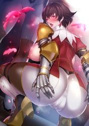 Rule 34 | 1girl, anus, armor, armored boots, ass, ass grab, black hair, boots, breasts, breasts out, cameltoe, covered anus, deep skin, fiorayne (monster hunter), from behind, gauntlets, gloves, highres, huge ass, large breasts, looking at viewer, miga (migao), monster hunter (series), monster hunter rise, nipples, pants, purple eyes, shiny clothes, shiny skin, short hair, sideboob, solo, spread ass, squatting, sweat, tight clothes, tight pants, tongue, tongue out
