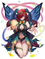 Rule 34 | 1girl, absurdres, animal ears, asymmetrical legwear, blue eyes, breasts, bridal gauntlets, butterfly wings, cleavage, cleavage cutout, clothing cutout, commission, dress, egg, facial mark, falling petals, fire emblem, fire emblem heroes, flower, gloves, hair over one eye, hair vines, halter dress, halterneck, highres, holding, holding egg, insect wings, jewelry, large breasts, long hair, looking at viewer, nail polish, navel, nintendo, official alternate costume, petals, plant, reaching, reaching towards viewer, red hair, ring, rose, showgirl skirt, skeb commission, sleeveless, sleeveless dress, smile, solo, straight-on, teo (telo ruka), triandra (fire emblem), triandra (spring) (fire emblem), vines, wings