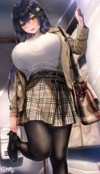 Rule 34 | 1girl, bag, black footwear, black hair, black pantyhose, blush, braid, breasts, brown coat, coat, hair ornament, hairclip, high heels, highres, large breasts, long sleeves, looking at viewer, open mouth, original, pantyhose, plaid, plaid skirt, putting on shoes, shirt, shirt tucked in, shoulder bag, signature, skirt, solo, thighs, unohana pochiko, white shirt, yellow eyes