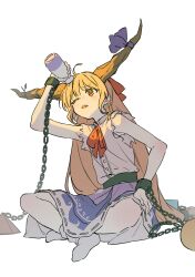 Rule 34 | 1girl, ahoge, arm up, blue skirt, blush, bottle, chain, full body, hair between eyes, hand on own hip, highres, holding, holding bottle, horns, ibuki suika, indian style, jill 07km, long hair, low-tied long hair, neck ribbon, no shoes, one eye closed, open mouth, orange hair, red eyes, red ribbon, ribbon, ribbon-trimmed skirt, ribbon trim, shirt, simple background, sitting, skirt, sleeveless, sleeveless shirt, solo, straight hair, torn clothes, torn sleeves, touhou, very long hair, water drop, white background, white shirt