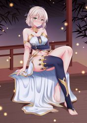 Rule 34 | 1girl, ahoge, anklet, arm under breasts, armlet, asymmetrical legwear, asymmetrical sleeves, banglinh1997, bare shoulders, barefoot, black bow, black thighhighs, blonde hair, blush, bow, breasts, cleavage, closed mouth, collarbone, commission, cosplay, detached sleeves, dress, fate/grand order, fate (series), feet, hair bow, half updo, highres, ishtar (fate), ishtar (fate) (cosplay), jewelry, koha-ace, legs, looking at viewer, medium breasts, navel, neck ring, okita souji (fate), okita souji (koha-ace), short hair, single detached sleeve, single thighhigh, sitting, solo, thighhighs, uneven legwear, uneven sleeves, white dress, yellow eyes