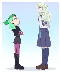 Rule 34 | 2girls, amity blight, black footwear, black nails, blonde hair, brown footwear, brown hair, diana cavendish, disney, earrings, elf, female focus, full body, green hair, highres, jewelry, little witch academia, long hair, multiple girls, nail polish, pointy ears, standing, the owl house, trait connection, trigger (company), witch