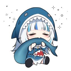 Rule 34 | 1girl, :&gt;, animal hood, blue hair, chibi, closed eyes, commentary, english commentary, fins, fish tail, full body, gawr gura, hololive, hololive english, hood, hood up, ine (ineinnen), light blue hair, long hair, long sleeves, multicolored hair, shark girl, shark hood, shark tail, simple background, sitting, solo, sparkle, spread legs, streaked hair, tail, thick eyelashes, virtual youtuber, white background, white hair, wide sleeves