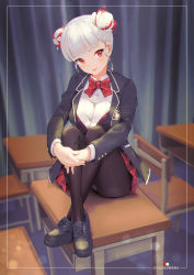 Rule 34 | 1girl, absurdres, aduo, black footwear, black pantyhose, black vest, blue jacket, blunt bangs, bow, bowtie, breasts, chair, classroom, collared shirt, crossed ankles, curtains, desk, double bun, full body, hair bun, hands on own leg, highres, jacket, large breasts, lens flare, lens flare abuse, lips, multicolored hair, on desk, original, oxfords, panties, pantyhose, pantyshot, plaid, plaid bow, plaid bowtie, plaid skirt, pleated skirt, red bow, red bowtie, red eyes, red hair, red skirt, school chair, school desk, school emblem, school uniform, shirt, shoelaces, shoes, sitting, on desk, skirt, solo, streaked hair, underwear, vest, white hair, white shirt