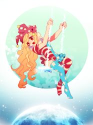 Rule 34 | 1girl, american flag dress, american flag legwear, american flag shirt, ass, bad id, bad pixiv id, blonde hair, blue background, cheong ha, clownpiece, floral background, gradient background, hat, jester cap, long hair, looking down, moon, open mouth, red eyes, short sleeves, solo, space, swing, thighhighs, touhou, two-tone background, very long hair, white background