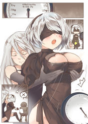 Rule 34 | 2girls, android, annoyed, bare shoulders, black dress, black footwear, black gloves, black hairband, black thighhighs, blindfold, blush, boots, grabbing another&#039;s breast, breasts, cleavage, covered eyes, dress, elbow gloves, getsuyoubi no tawawa, gloves, grabbing, hairband, juliet sleeves, kkkula (kula), large breasts, long hair, long sleeves, mole, mole under mouth, multiple girls, nier (series), nier:automata, open mouth, parody, puffy sleeves, short hair, silver hair, thighhighs, vambraces, weighing scale, weight conscious, 2b (nier:automata), a2 (nier:automata), yuri
