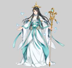 Rule 34 | 1girl, black hair, bug, butterfly, dress, female focus, fire emblem, fire emblem fates, fire emblem heroes, full body, hairband, holding, holding staff, bug, itou misei, long hair, looking at viewer, mikoto (fire emblem), mature female, mole, nintendo, official art, ponytail, simple background, smile, solo, staff, standing, watermark