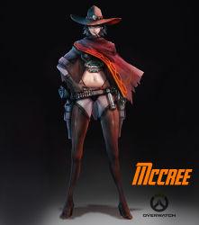 Rule 34 | 1girl, absurdres, ammunition, belt, bikini, bikini bottom only, black bikini, boots, breasts, brown footwear, brown hair, cape, cassidy (overwatch), character name, copyright name, cowboy hat, crop top, full body, genderswap, genderswap (mtf), gradient background, gun, hair between eyes, hand on own hip, handgun, hat, high heel boots, high heels, highleg, highleg bikini, highres, holster, kyung han kim, lips, looking at viewer, mechanical hands, mouth hold, navel, overwatch, overwatch 1, pistol, red cape, sheath, sheathed, short hair, simple background, single mechanical hand, solo, spiked hair, standing, stomach, swimsuit, thigh boots, thighhighs, weapon, yellow eyes