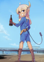 Rule 34 | 1girl, ahoge, ass, black eyes, blonde hair, blue jumpsuit, blue sky, boots, bottle, brown footwear, brown gloves, brown horns, cloud, commentary request, day, demon girl, demon horns, fallout (series), fallout 4, fuka (kantoku), full body, gloves, grin, highres, holding, holding bottle, horns, jumpsuit, kneepits, lilith (machikado mazoku), long hair, looking at viewer, looking back, machikado mazoku, nuka cola, outdoors, pointy ears, sky, smile, solo, standing, torn clothes, torn jumpsuit, train, v-shaped eyebrows, vault suit
