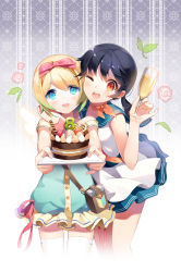 Rule 34 | 2girls, :d, ;d, aqua eyes, arm around shoulder, black hair, blonde hair, blush, bow, cake, choker, cup, dress, drinking glass, flower, food, gilse, glass, hair bow, hug, layered dress, leaf, low twintails, multiple girls, one eye closed, open mouth, orange eyes, outstretched arms, pouch, ribbon, ribbon choker, rico (sword girls), sailor collar, short hair, shoshinsha mark, smile, sword girls, thighhighs, tray, twintails, white legwear, wine glass, wink, zettai ryouiki